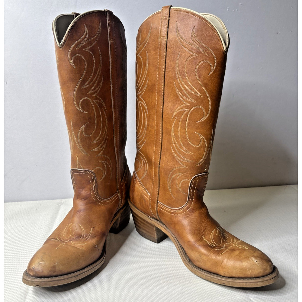 dingo Tan Leather Western Embroidered Tall Cowboy Boots
